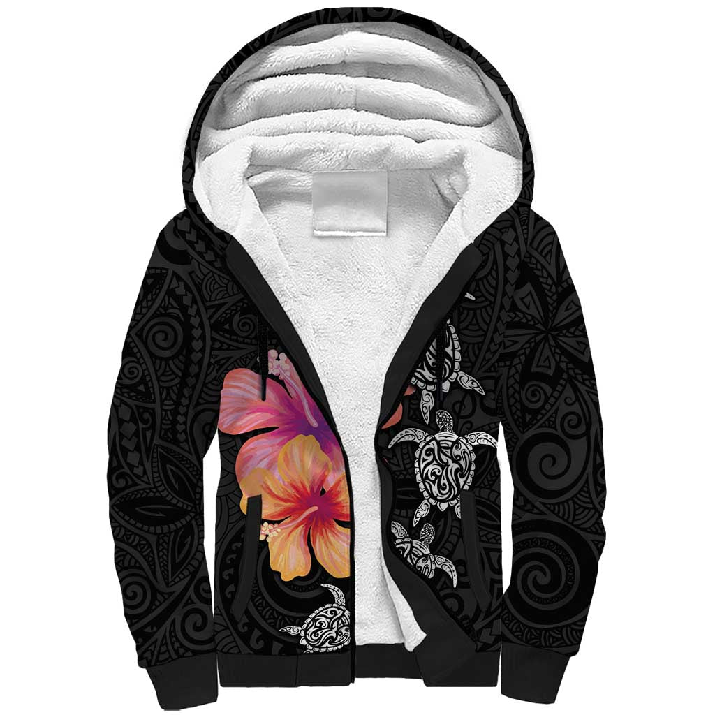 Hawaiian Hibiscus Turtle Tribal Polynesian Pattern Sherpa Hoodie Black Color LT03 Unisex Black - Polynesian Pride