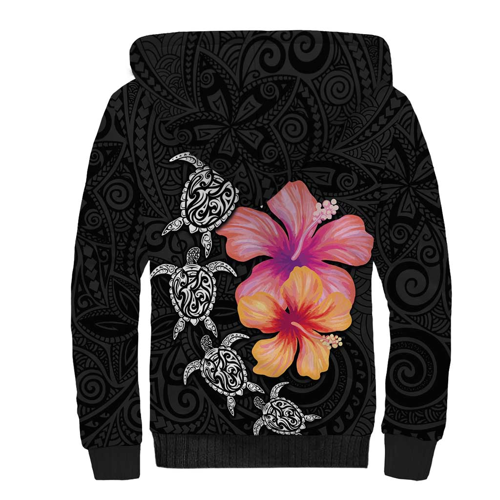 Hawaiian Hibiscus Turtle Tribal Polynesian Pattern Sherpa Hoodie Black Color LT03 - Polynesian Pride