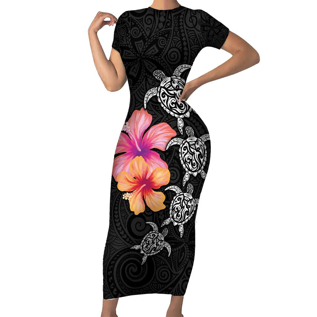 Hawaiian Hibiscus Turtle Tribal Polynesian Pattern Short Sleeve Bodycon Dress Black Color