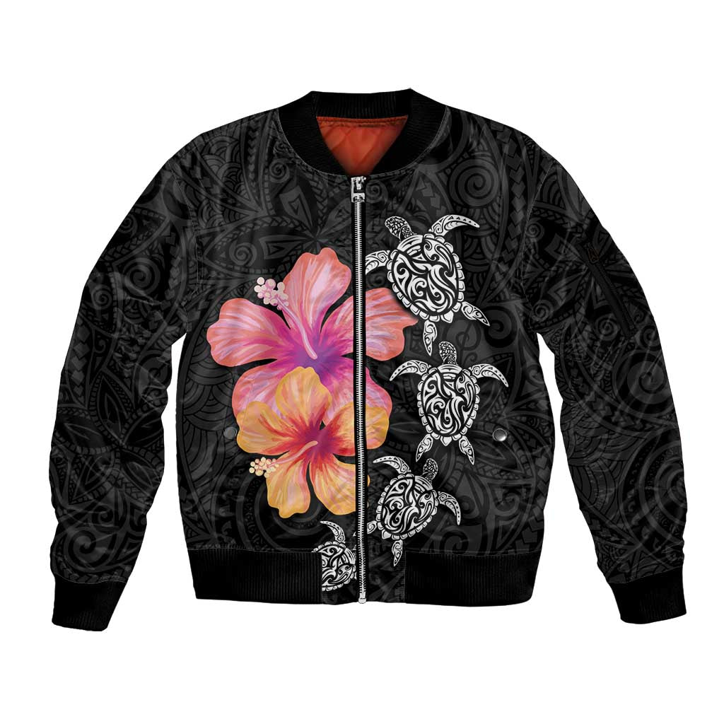Hawaiian Hibiscus Turtle Tribal Polynesian Pattern Sleeve Zip Bomber Jacket Black Color