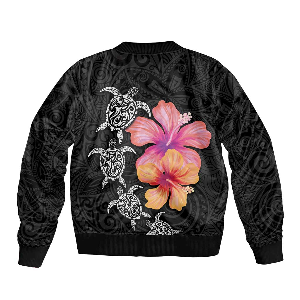 Hawaiian Hibiscus Turtle Tribal Polynesian Pattern Sleeve Zip Bomber Jacket Black Color