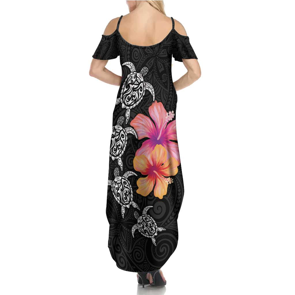Hawaiian Hibiscus Turtle Tribal Polynesian Pattern Summer Maxi Dress Black Color LT03 - Polynesian Pride