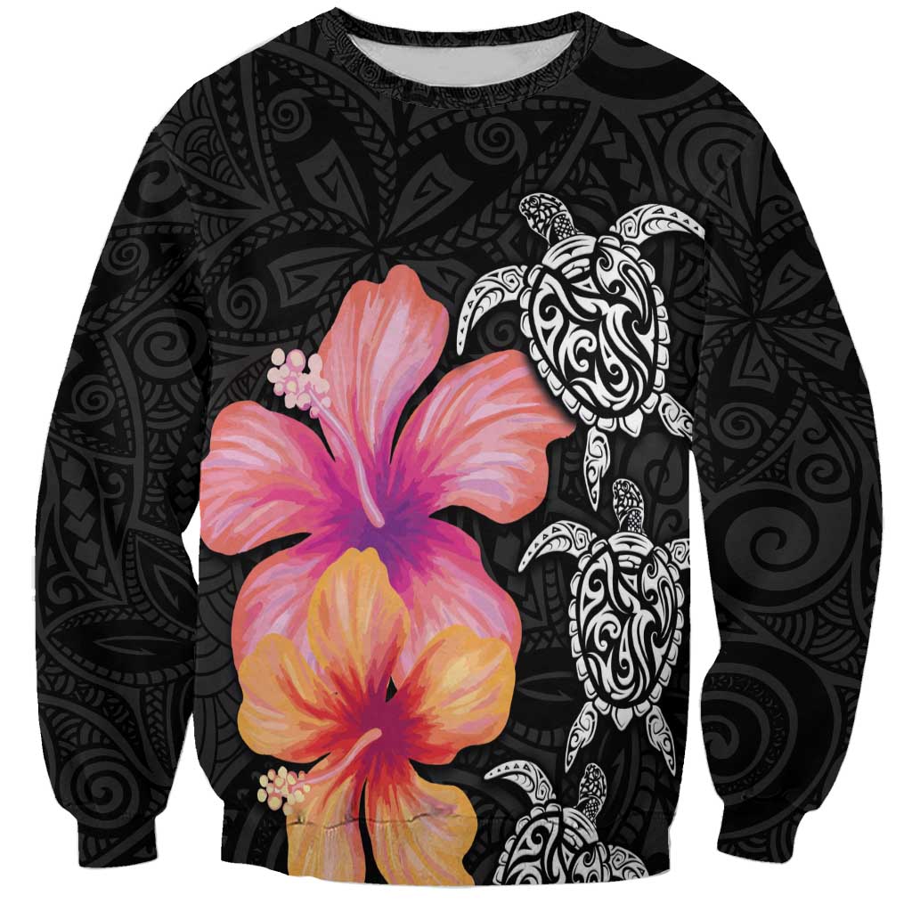 Hawaiian Hibiscus Turtle Tribal Polynesian Pattern Sweatshirt Black Color