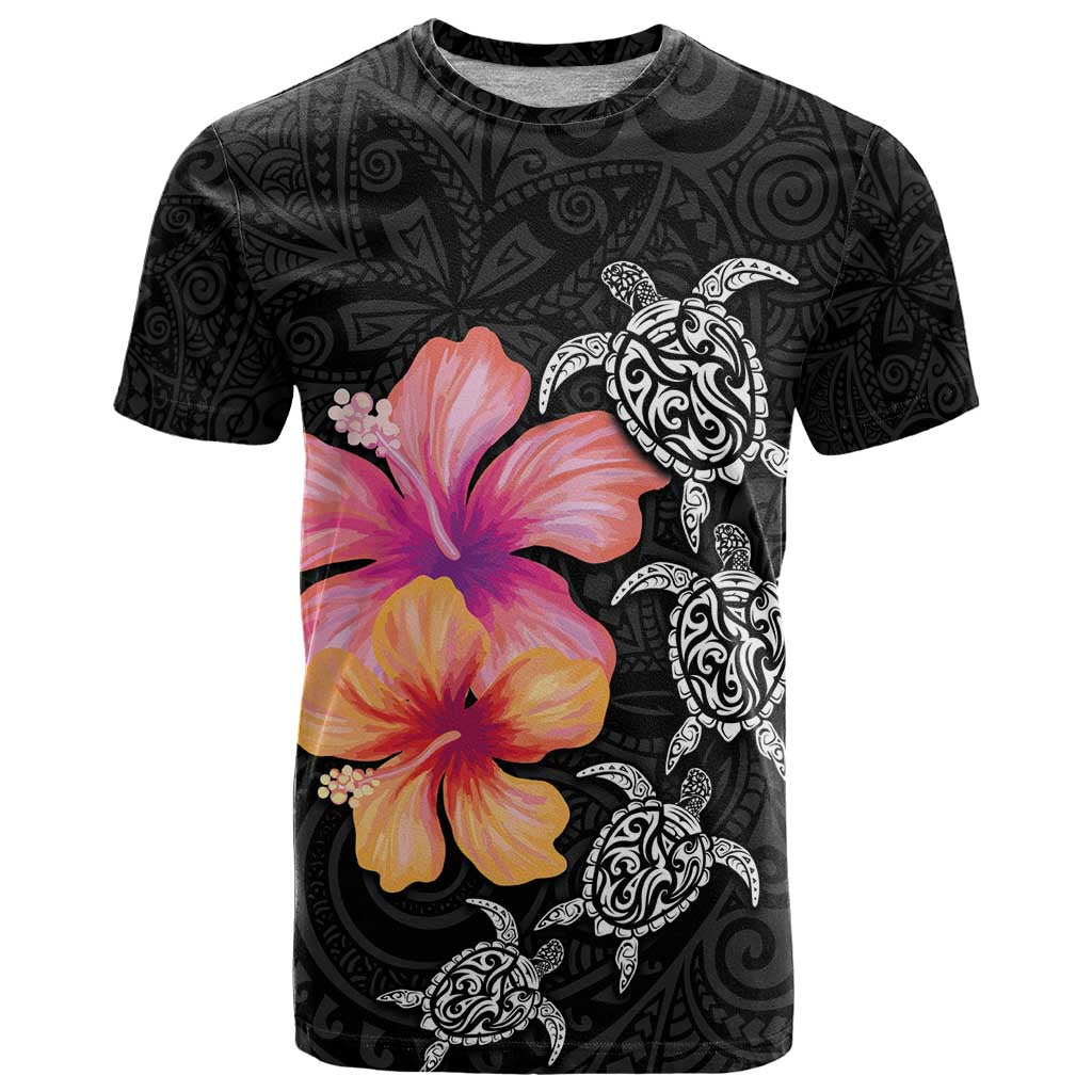 Hawaiian Hibiscus Turtle Tribal Polynesian Pattern T Shirt Black Color