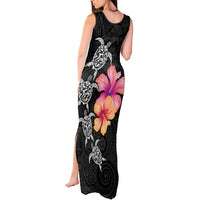 Hawaiian Hibiscus Turtle Tribal Polynesian Pattern Tank Maxi Dress Black Color