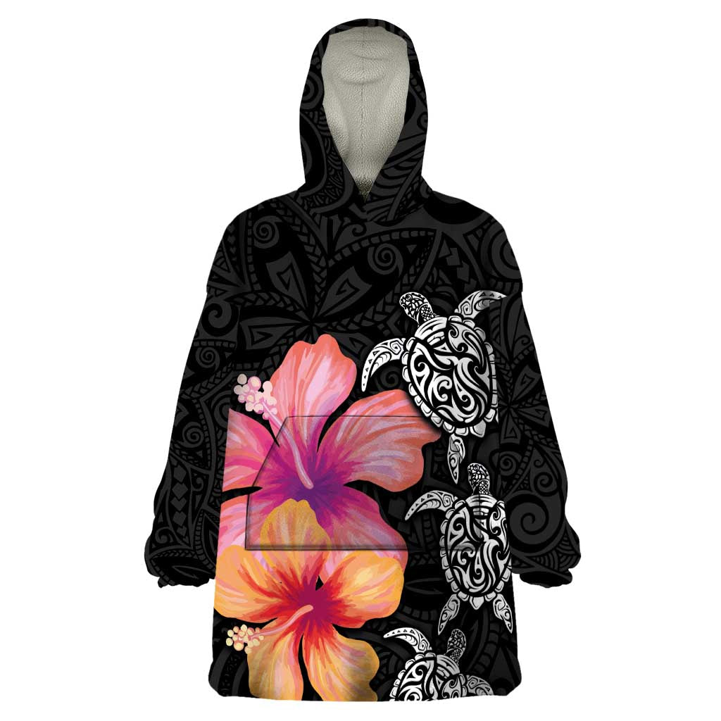 Hawaiian Hibiscus Turtle Tribal Polynesian Pattern Wearable Blanket Hoodie Black Color