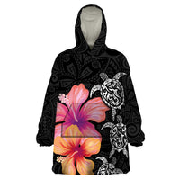 Hawaiian Hibiscus Turtle Tribal Polynesian Pattern Wearable Blanket Hoodie Black Color LT03 One Size Black - Polynesian Pride