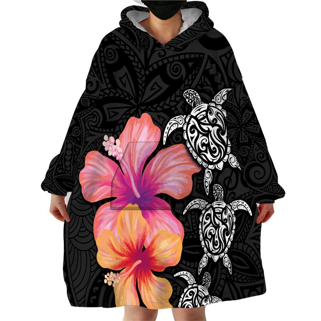 Hawaiian Hibiscus Turtle Tribal Polynesian Pattern Wearable Blanket Hoodie Black Color LT03 - Polynesian Pride