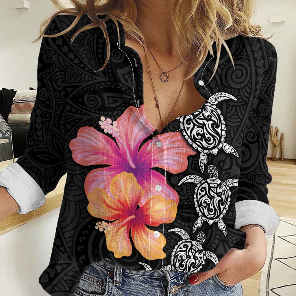 Hawaiian Hibiscus Turtle Tribal Polynesian Pattern Women Casual Shirt Black Color