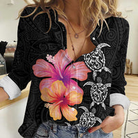 Hawaiian Hibiscus Turtle Tribal Polynesian Pattern Women Casual Shirt Black Color