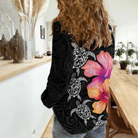 Hawaiian Hibiscus Turtle Tribal Polynesian Pattern Women Casual Shirt Black Color