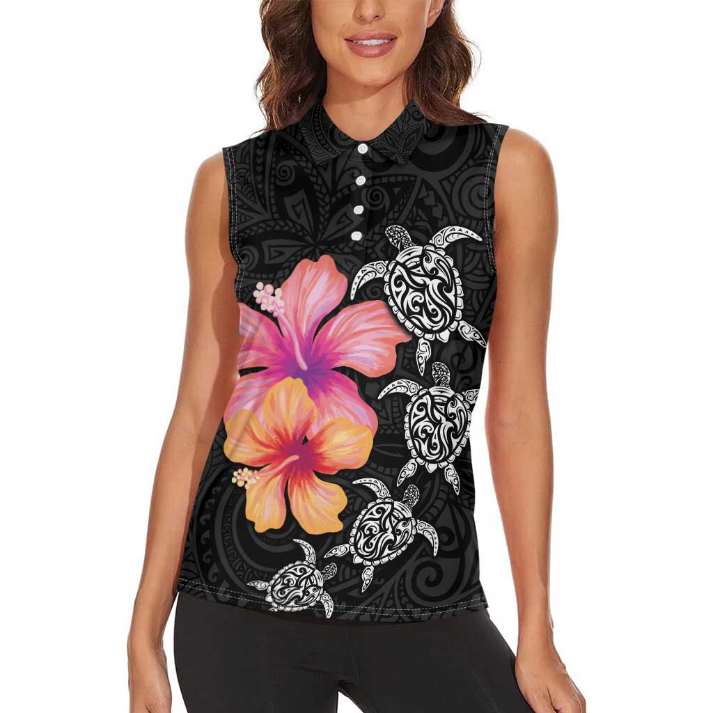Hawaiian Hibiscus Turtle Tribal Polynesian Pattern Women Sleeveless Polo Shirt Black Color
