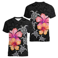 Hawaiian Hibiscus Turtle Tribal Polynesian Pattern Women V-Neck T-Shirt Black Color