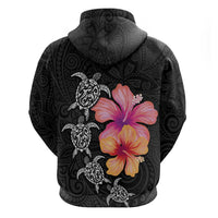 Hawaiian Hibiscus Turtle Tribal Polynesian Pattern Zip Hoodie Black Color
