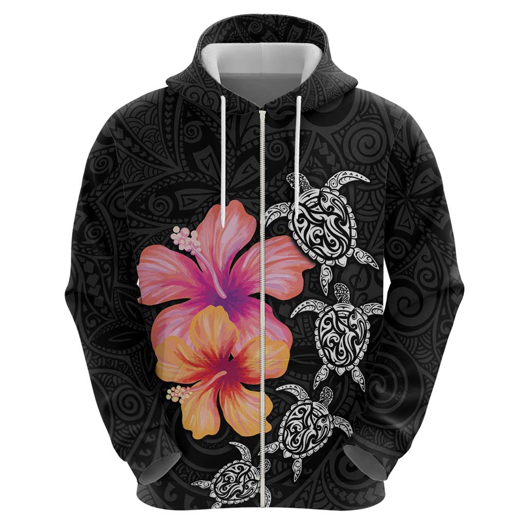 Hawaiian Hibiscus Turtle Tribal Polynesian Pattern Zip Hoodie Black Color