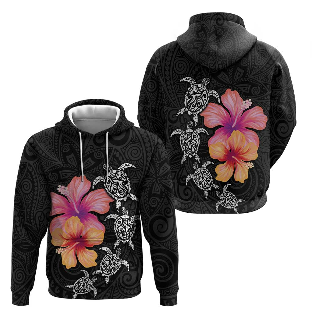 Hawaiian Hibiscus Turtle Tribal Polynesian Pattern Zip Hoodie Black Color
