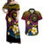 Hawaiian Plumeria Turtle Tribal Spiral Polynesian Tattoo Couples Matching Off Shoulder Maxi Dress and Hawaiian Shirt Fanciful Color