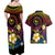 Hawaiian Plumeria Turtle Tribal Spiral Polynesian Tattoo Couples Matching Off Shoulder Maxi Dress and Hawaiian Shirt Fanciful Color