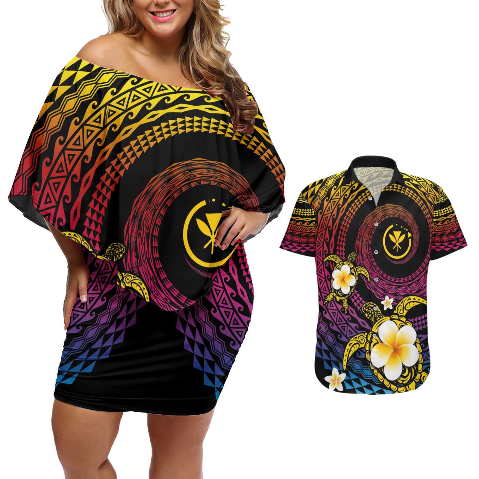 Hawaiian Plumeria Turtle Tribal Spiral Polynesian Tattoo Couples Matching Off Shoulder Short Dress and Hawaiian Shirt Fanciful Color LT03 Gradient - Polynesian Pride