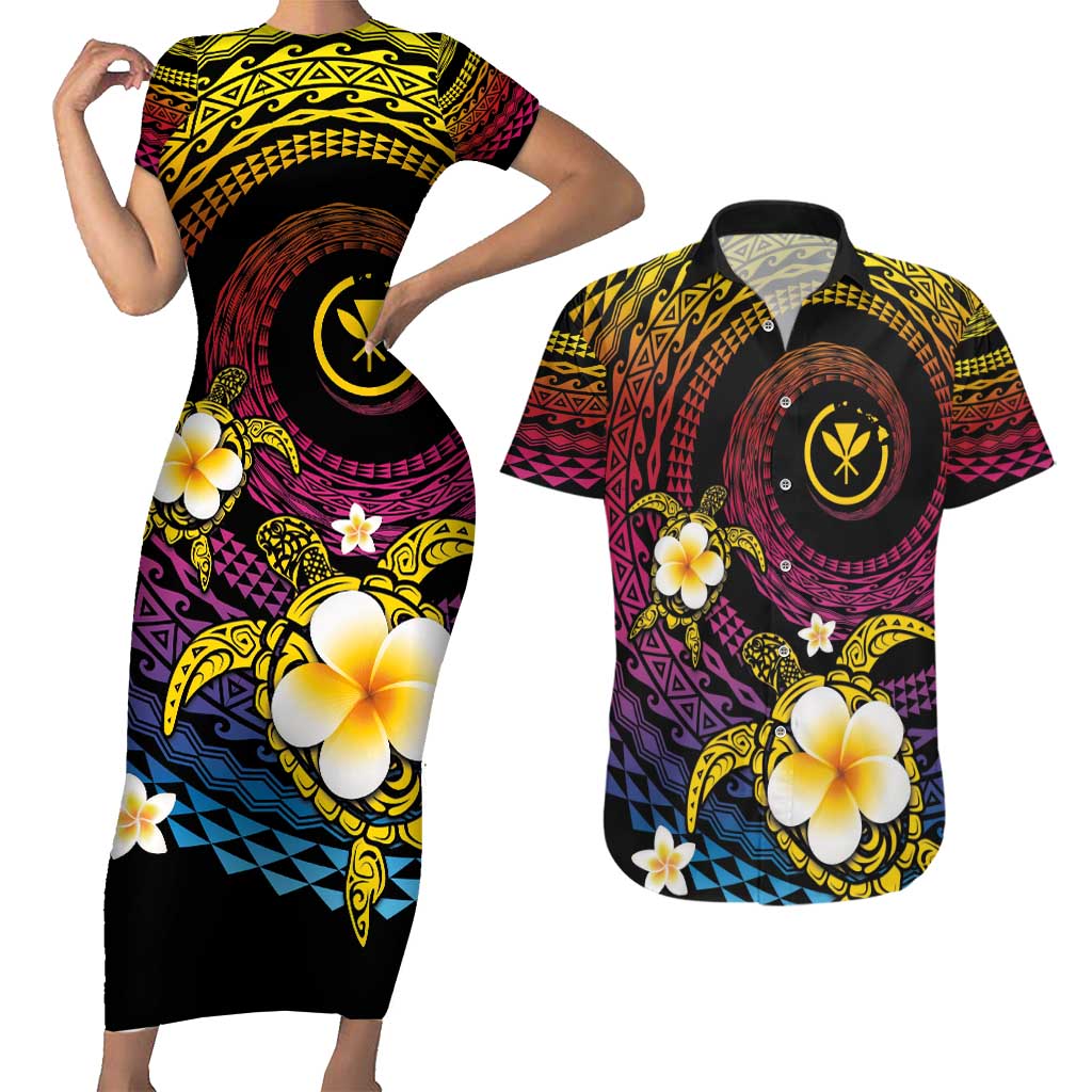 Hawaiian Plumeria Turtle Tribal Spiral Polynesian Tattoo Couples Matching Short Sleeve Bodycon Dress and Hawaiian Shirt Fanciful Color LT03 Gradient - Polynesian Pride
