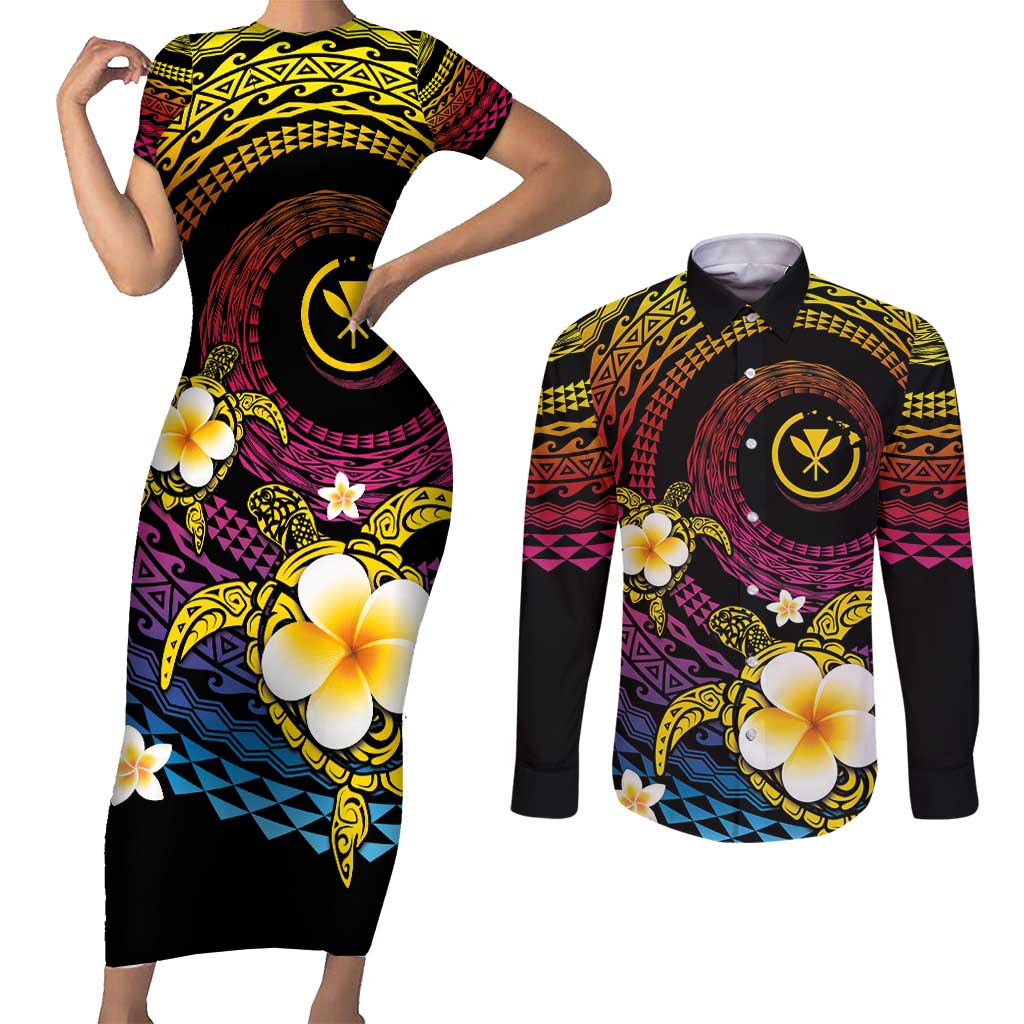 Hawaiian Plumeria Turtle Tribal Spiral Polynesian Tattoo Couples Matching Short Sleeve Bodycon Dress and Long Sleeve Button Shirt Fanciful Color LT03 Gradient - Polynesian Pride