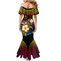 Hawaiian Plumeria Turtle Tribal Spiral Polynesian Tattoo Family Matching Mermaid Dress and Hawaiian Shirt Fanciful Color