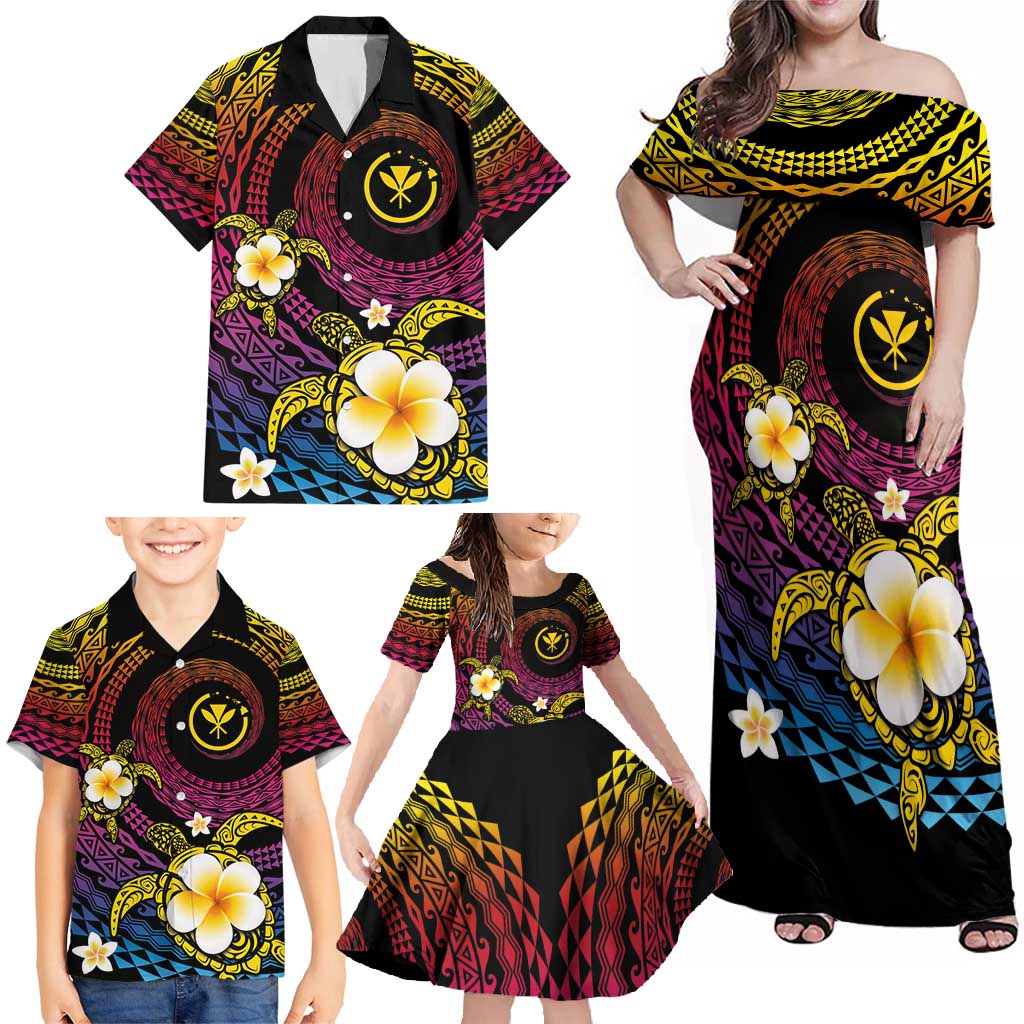 Hawaiian Plumeria Turtle Tribal Spiral Polynesian Tattoo Family Matching Off Shoulder Maxi Dress and Hawaiian Shirt Fanciful Color