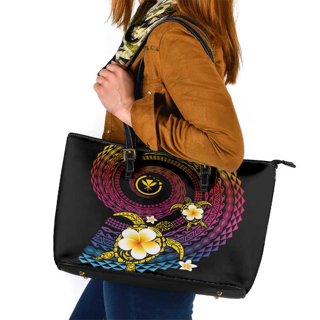 Hawaiian Plumeria Turtle Tribal Spiral Polynesian Tattoo Leather Tote Bag Fanciful Color