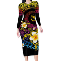 Hawaiian Plumeria Turtle Tribal Spiral Polynesian Tattoo Long Sleeve Bodycon Dress Fanciful Color