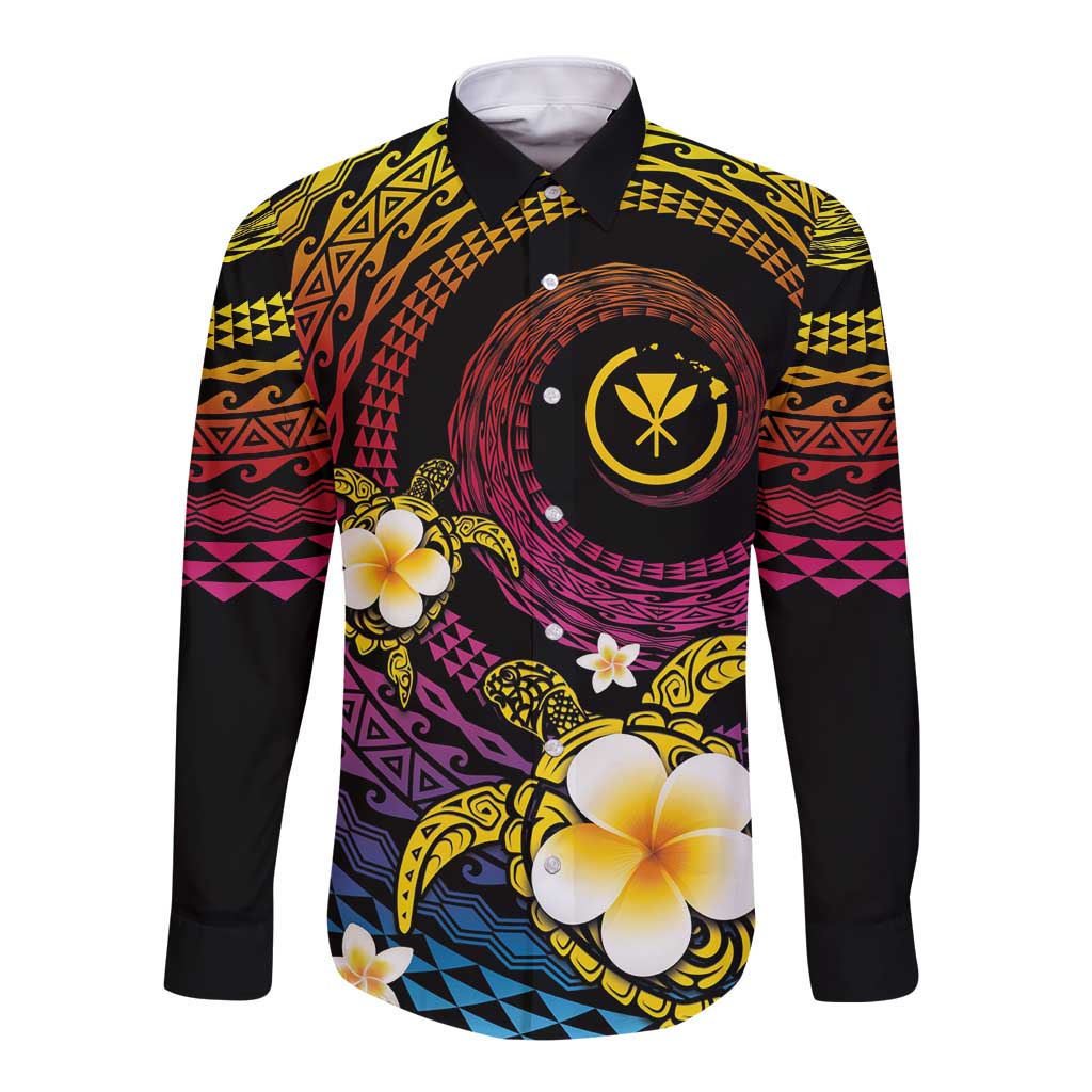 Hawaiian Plumeria Turtle Tribal Spiral Polynesian Tattoo Long Sleeve Button Shirt Fanciful Color