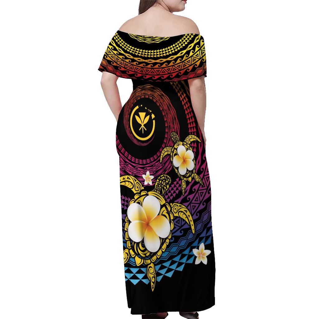 Hawaiian Plumeria Turtle Tribal Spiral Polynesian Tattoo Off Shoulder Maxi Dress Fanciful Color