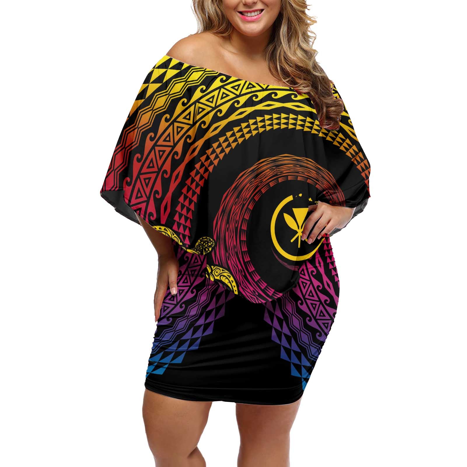 Hawaiian Plumeria Turtle Tribal Spiral Polynesian Tattoo Off Shoulder Short Dress Fanciful Color