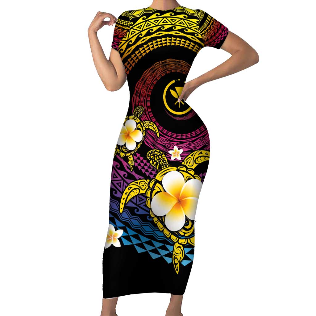 Hawaiian Plumeria Turtle Tribal Spiral Polynesian Tattoo Short Sleeve Bodycon Dress Fanciful Color