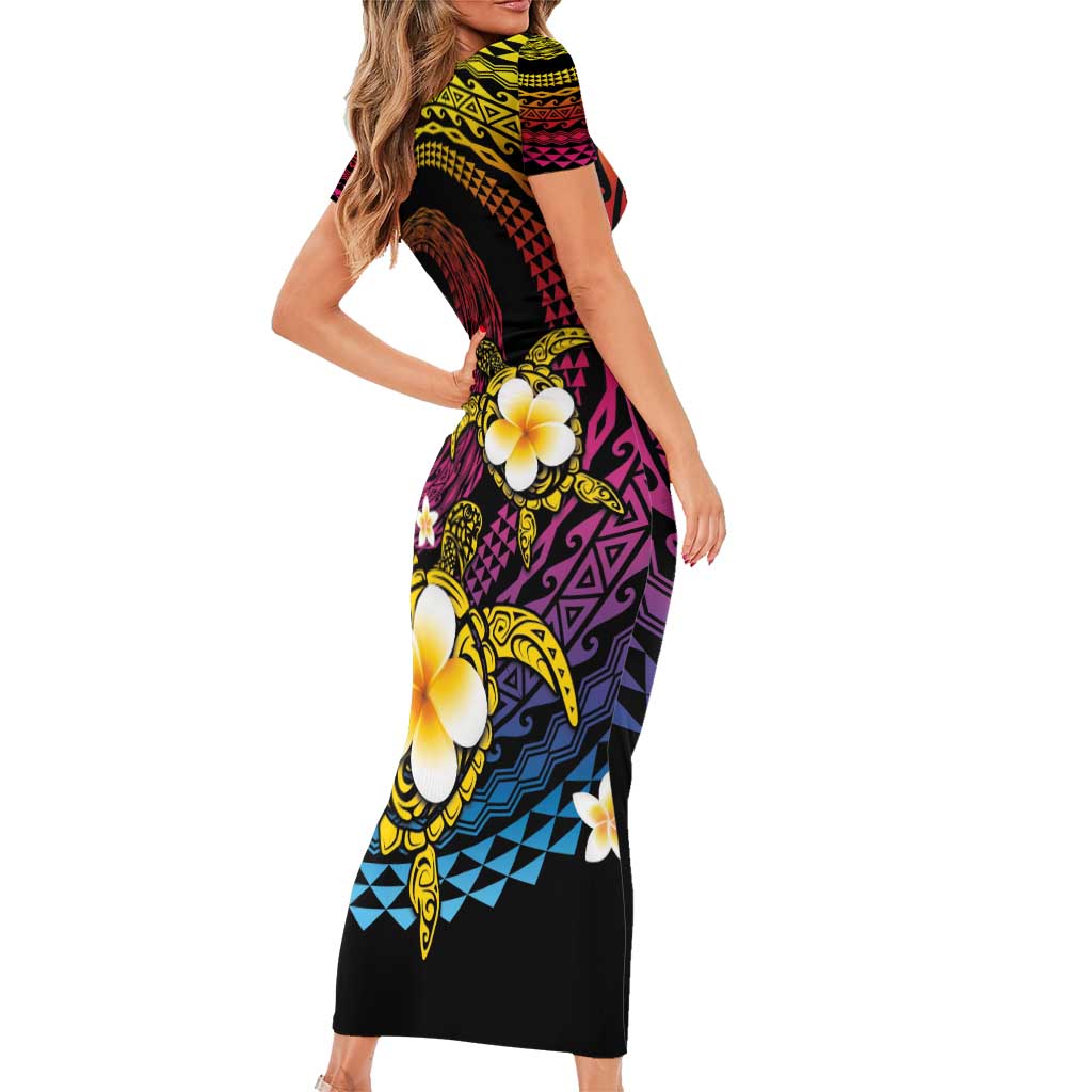 Hawaiian Plumeria Turtle Tribal Spiral Polynesian Tattoo Short Sleeve Bodycon Dress Fanciful Color