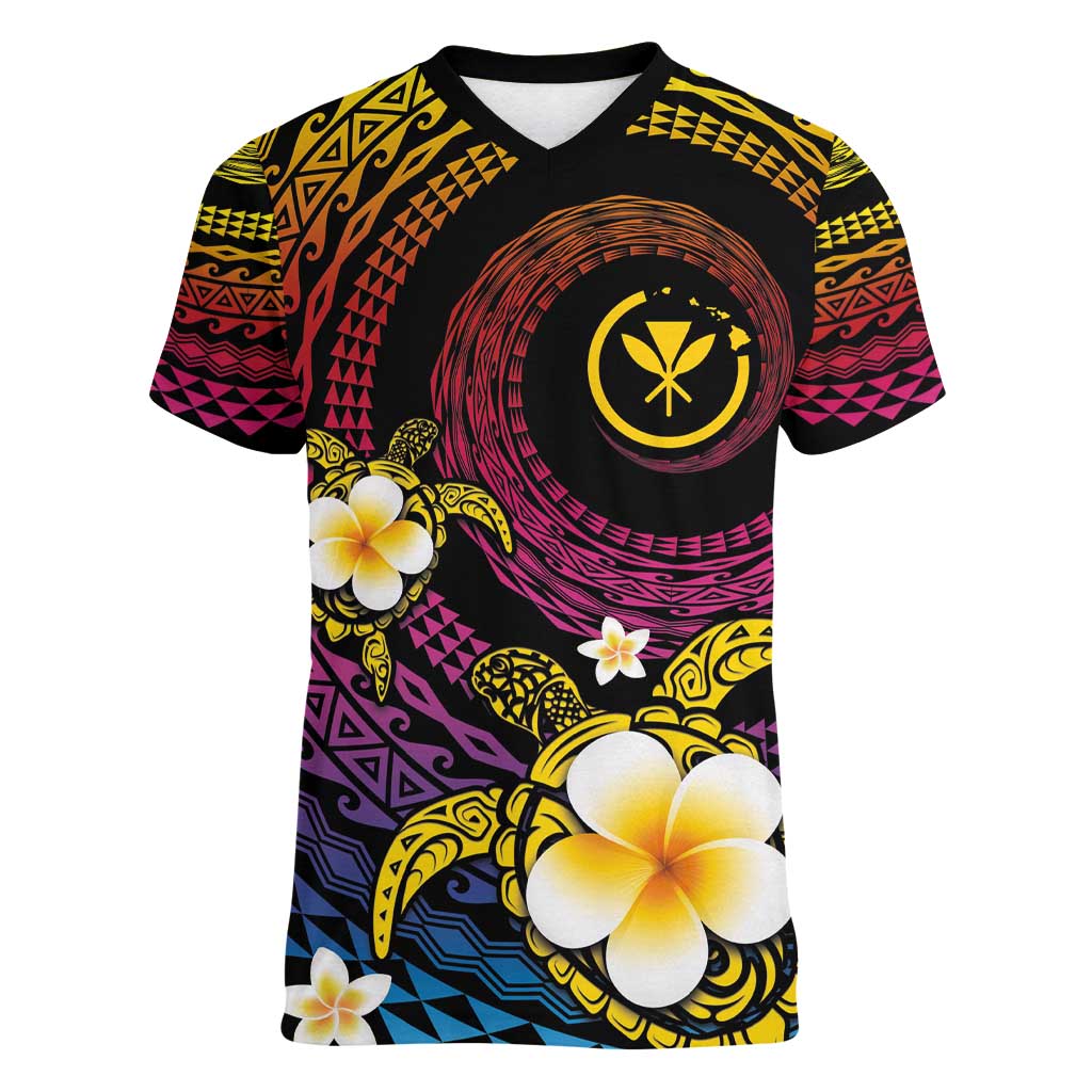 Hawaiian Plumeria Turtle Tribal Spiral Polynesian Tattoo Women V-Neck T-Shirt Fanciful Color