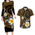 Hawaiian Plumeria Turtle Tribal Spiral Polynesian Tattoo Couples Matching Long Sleeve Bodycon Dress and Hawaiian Shirt Gold Color