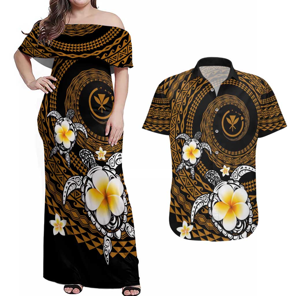 Hawaiian Plumeria Turtle Tribal Spiral Polynesian Tattoo Couples Matching Off Shoulder Maxi Dress and Hawaiian Shirt Gold Color