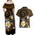 Hawaiian Plumeria Turtle Tribal Spiral Polynesian Tattoo Couples Matching Off Shoulder Maxi Dress and Hawaiian Shirt Gold Color