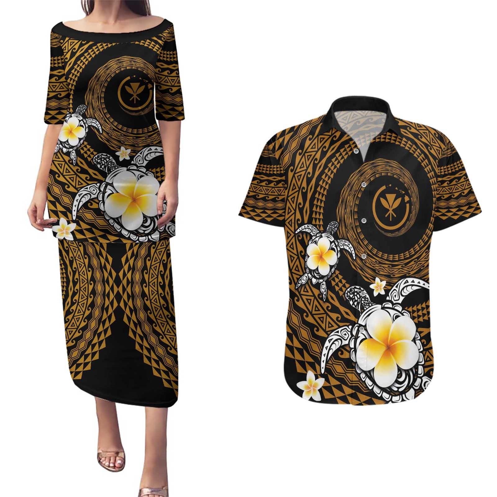 Hawaiian Plumeria Turtle Tribal Spiral Polynesian Tattoo Couples Matching Puletasi and Hawaiian Shirt Gold Color LT03 Gold - Polynesian Pride