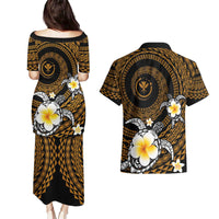 Hawaiian Plumeria Turtle Tribal Spiral Polynesian Tattoo Couples Matching Puletasi and Hawaiian Shirt Gold Color