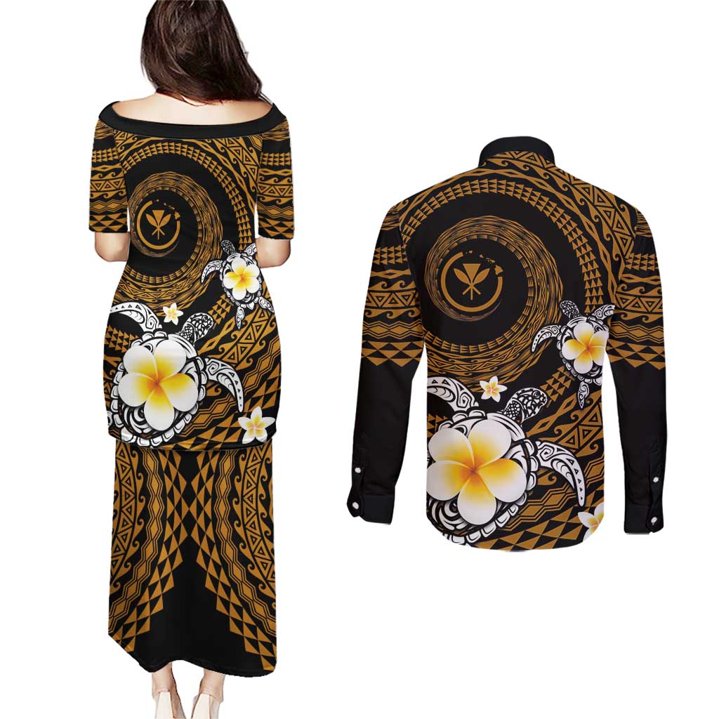 Hawaiian Plumeria Turtle Tribal Spiral Polynesian Tattoo Couples Matching Puletasi and Long Sleeve Button Shirt Gold Color