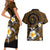 Hawaiian Plumeria Turtle Tribal Spiral Polynesian Tattoo Couples Matching Short Sleeve Bodycon Dress and Hawaiian Shirt Gold Color