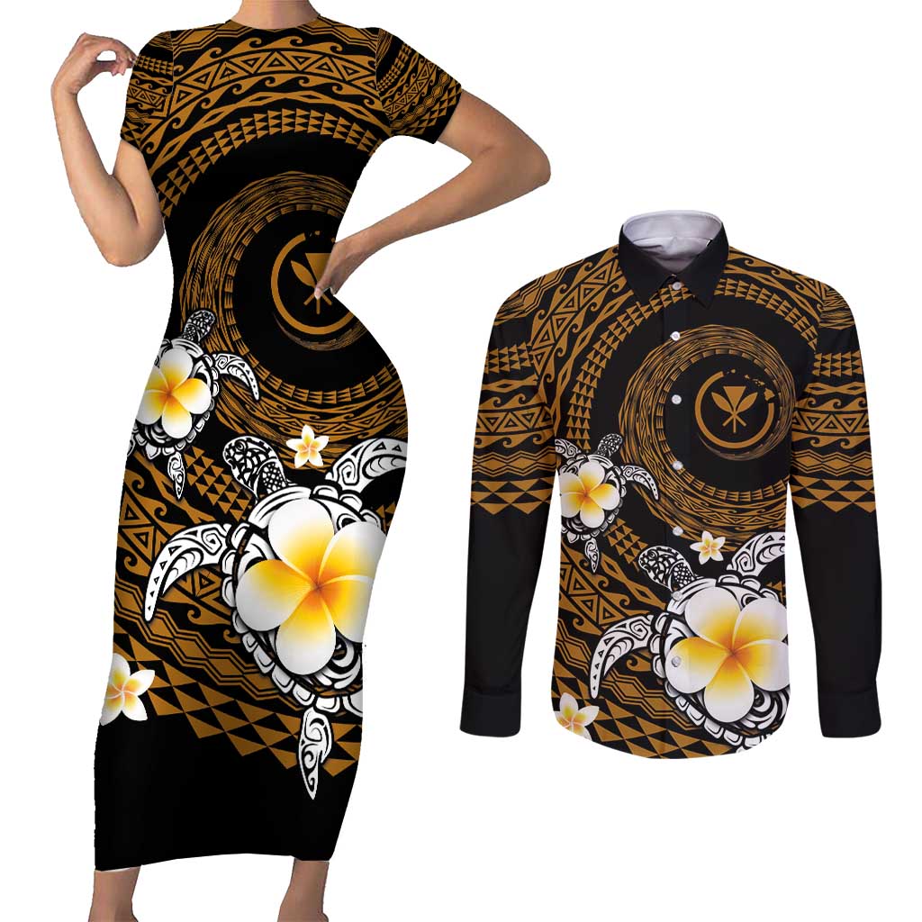 Hawaiian Plumeria Turtle Tribal Spiral Polynesian Tattoo Couples Matching Short Sleeve Bodycon Dress and Long Sleeve Button Shirt Gold Color LT03 Gold - Polynesian Pride