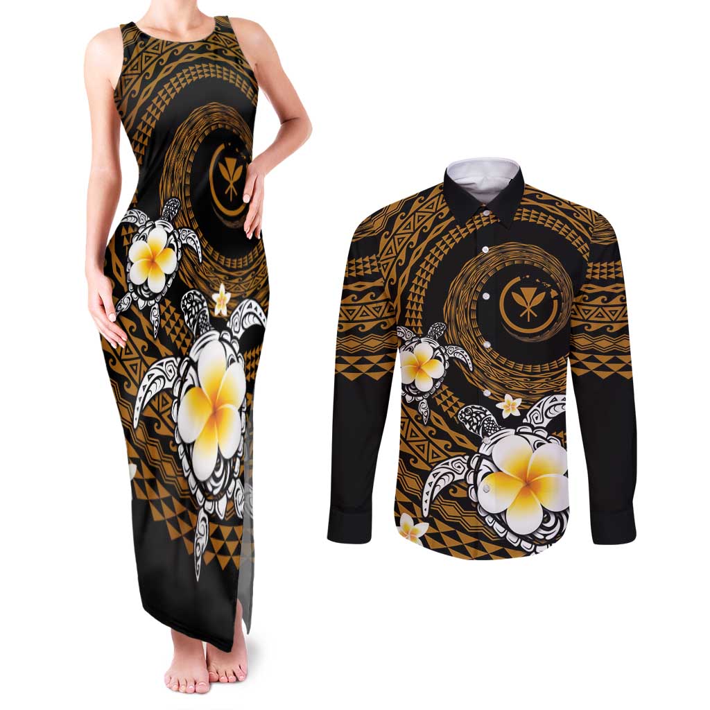 Hawaiian Plumeria Turtle Tribal Spiral Polynesian Tattoo Couples Matching Tank Maxi Dress and Long Sleeve Button Shirt Gold Color LT03 Gold - Polynesian Pride