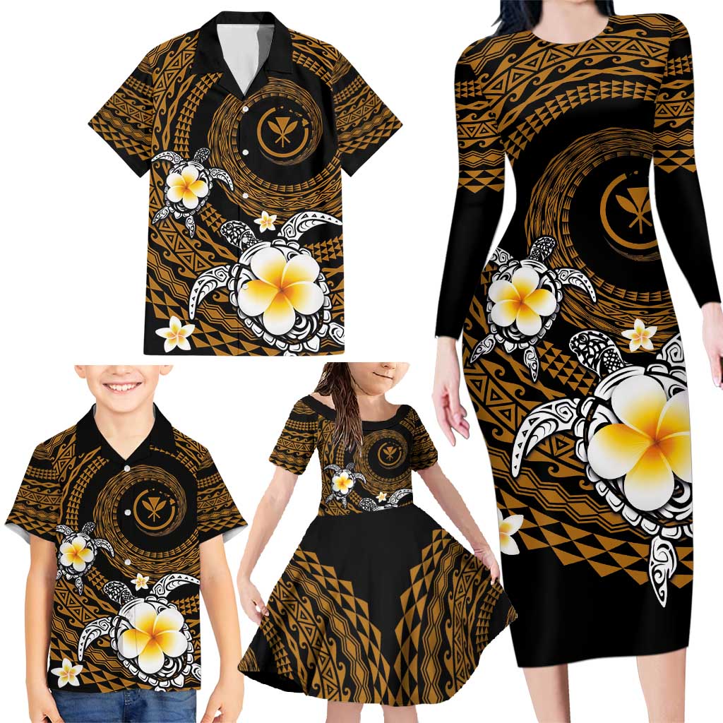 Hawaiian Plumeria Turtle Tribal Spiral Polynesian Tattoo Family Matching Long Sleeve Bodycon Dress and Hawaiian Shirt Gold Color