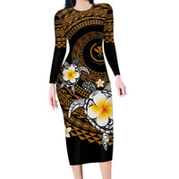 Hawaiian Plumeria Turtle Tribal Spiral Polynesian Tattoo Family Matching Long Sleeve Bodycon Dress and Hawaiian Shirt Gold Color LT03 Mom's Dress Gold - Polynesian Pride