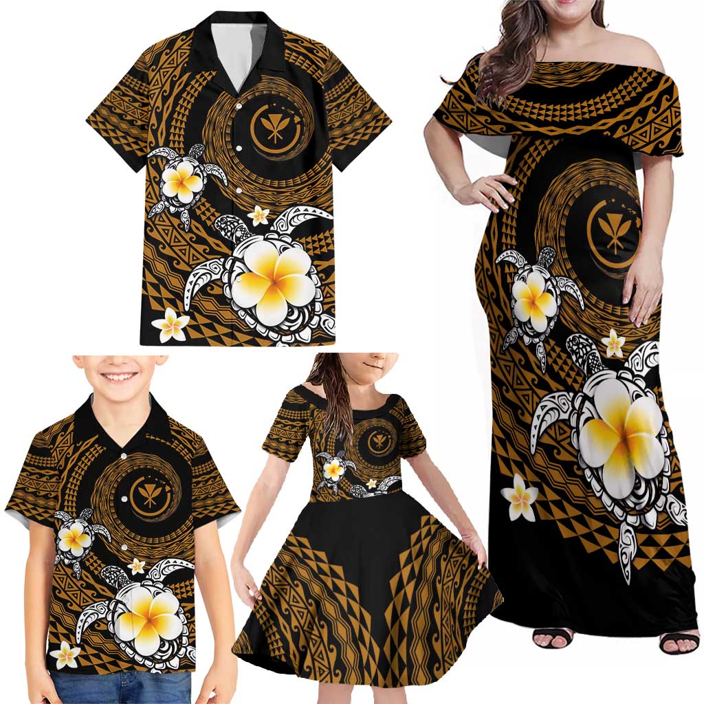 Hawaiian Plumeria Turtle Tribal Spiral Polynesian Tattoo Family Matching Off Shoulder Maxi Dress and Hawaiian Shirt Gold Color