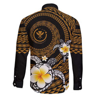 Hawaiian Plumeria Turtle Tribal Spiral Polynesian Tattoo Family Matching Off Shoulder Maxi Dress and Hawaiian Shirt Gold Color