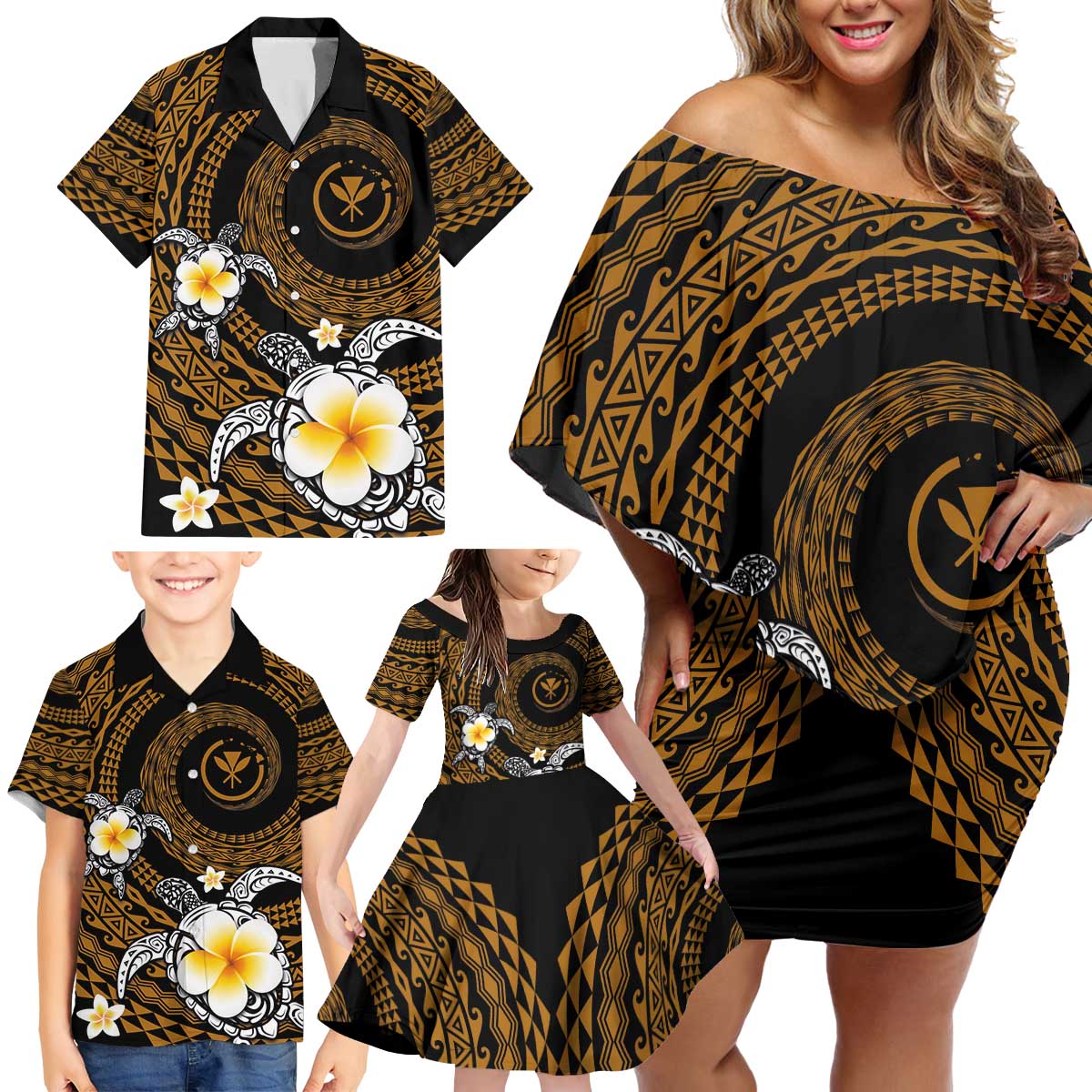 Hawaiian Plumeria Turtle Tribal Spiral Polynesian Tattoo Family Matching Off Shoulder Short Dress and Hawaiian Shirt Gold Color