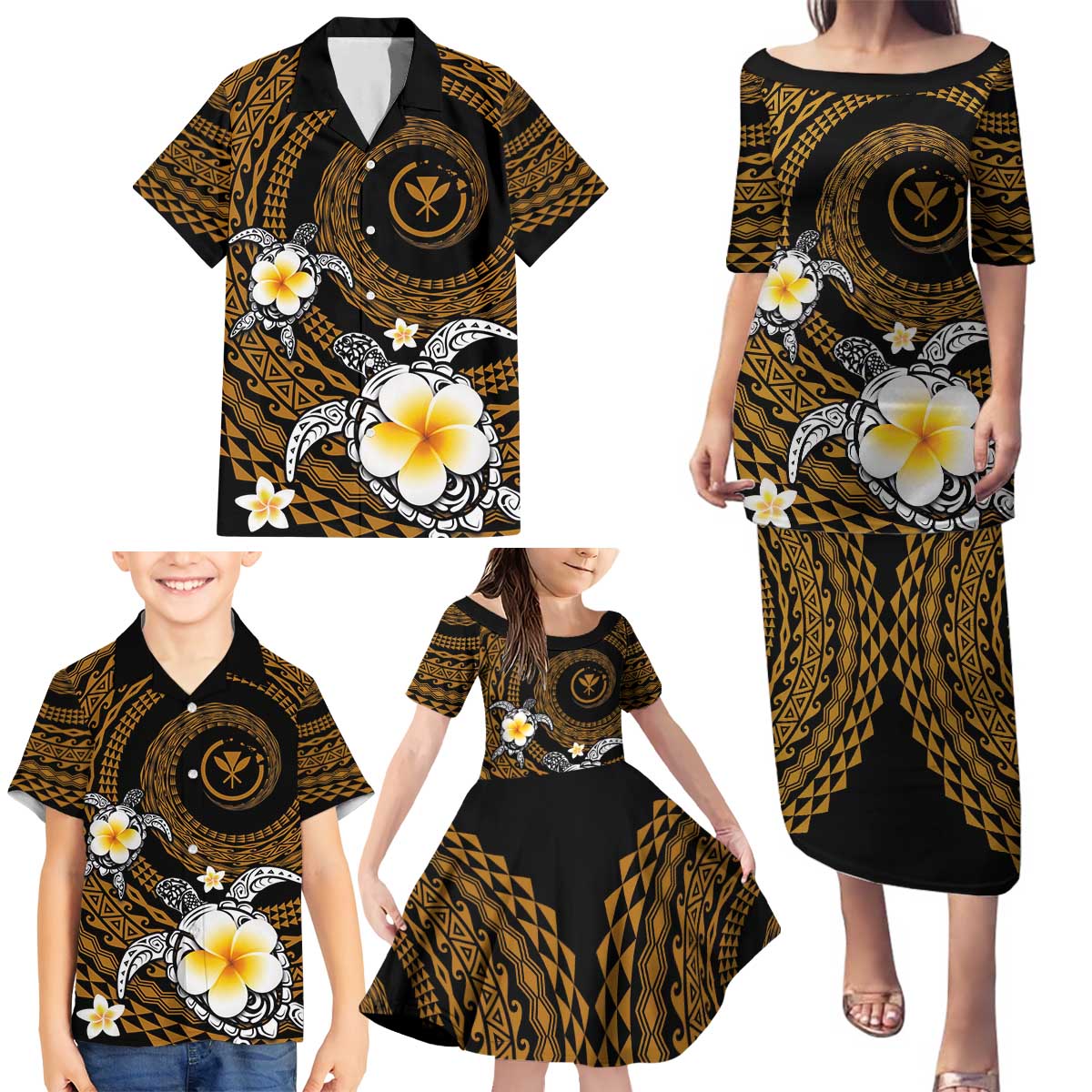 Hawaiian Plumeria Turtle Tribal Spiral Polynesian Tattoo Family Matching Puletasi and Hawaiian Shirt Gold Color LT03 - Polynesian Pride